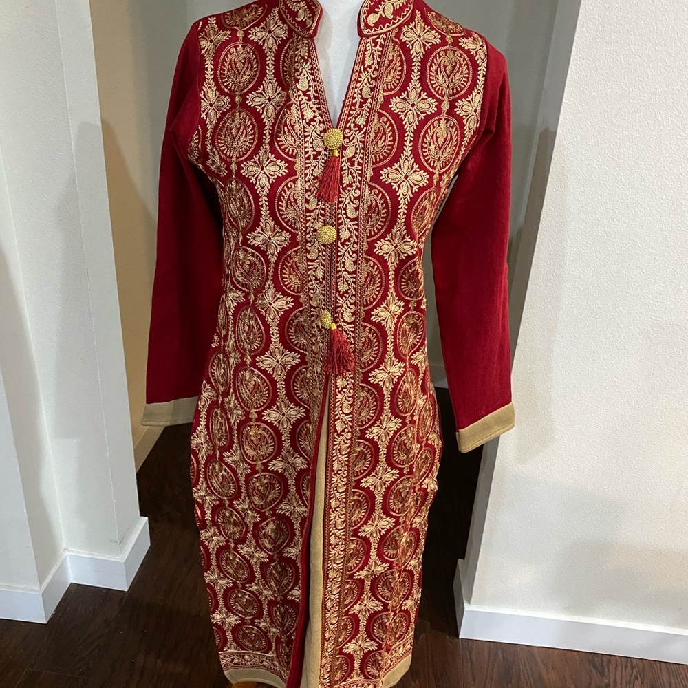 Maroon with tan color embroidery woolen suit